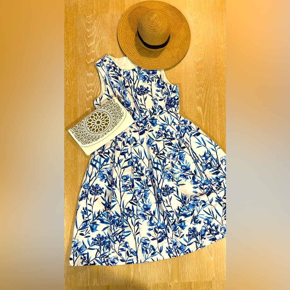 Floral Blue and White Sleeveless Dress